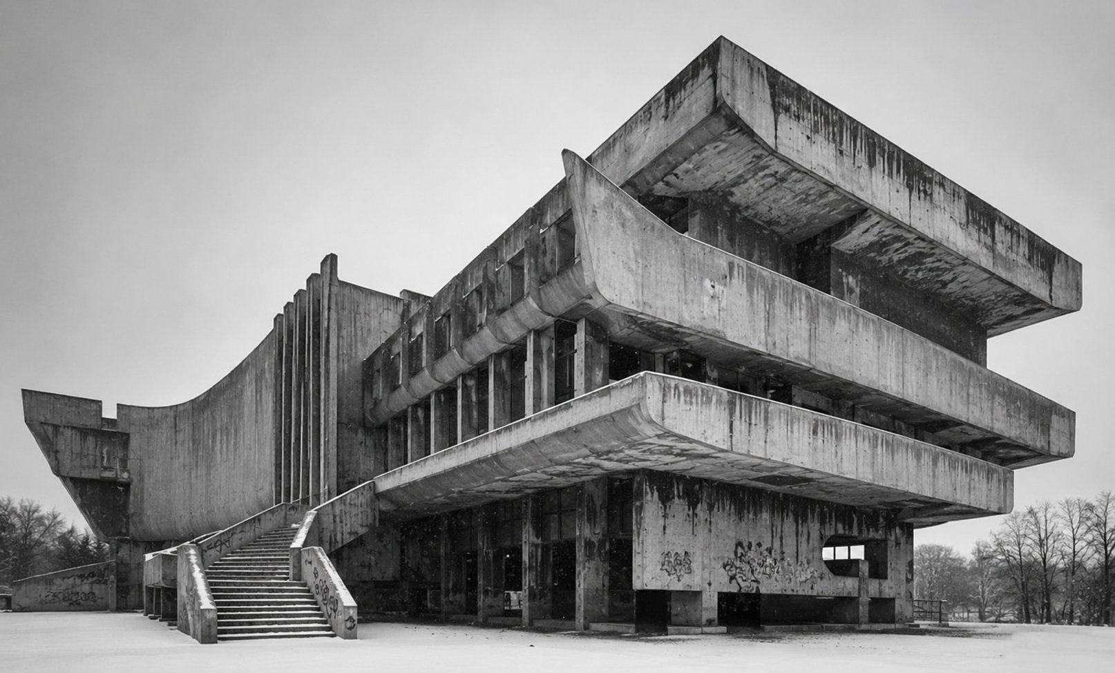 Snow-covered brutalist assembly hall entrance, Assembly Hall