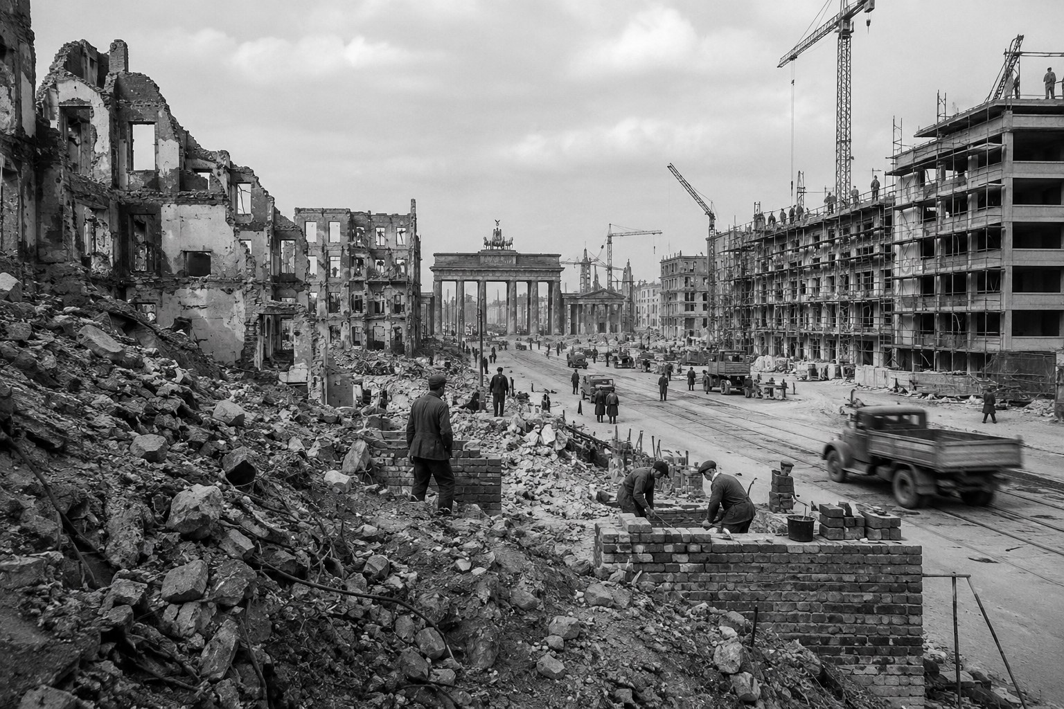 Postwar Berlin street under reconstruction, rubble and scaffolding