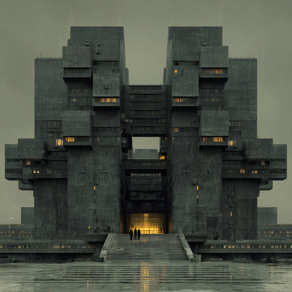 Brutalist tower facade at dusk, Department of Love