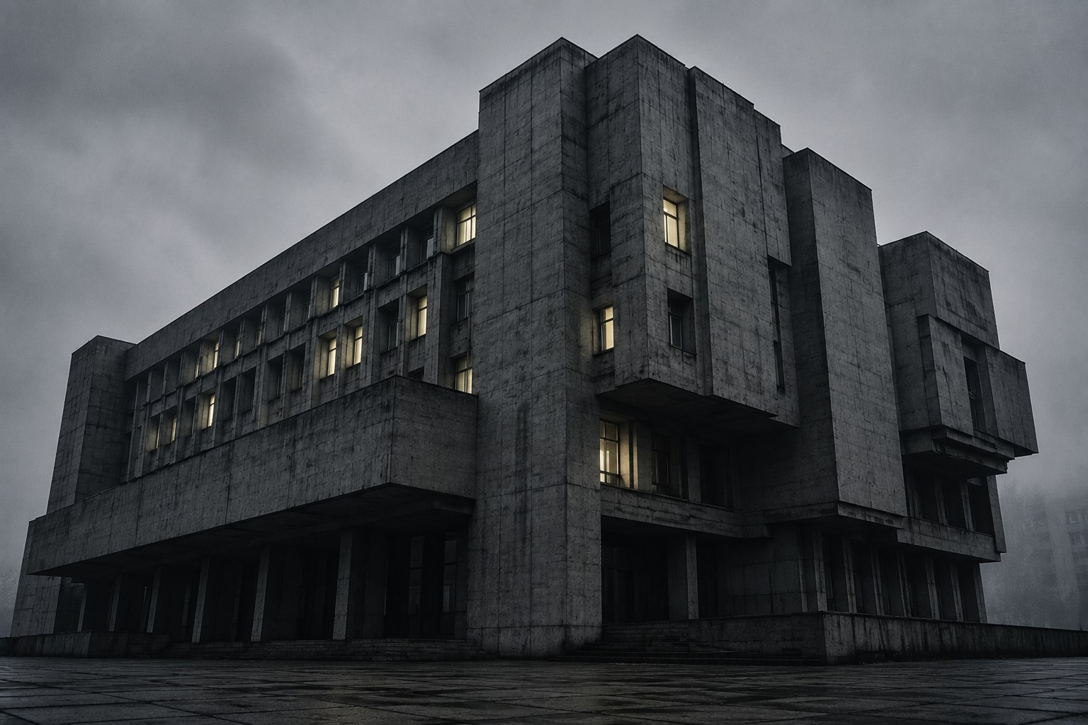 Monolithic fog-bound brutalist ministry building, Department of Minds