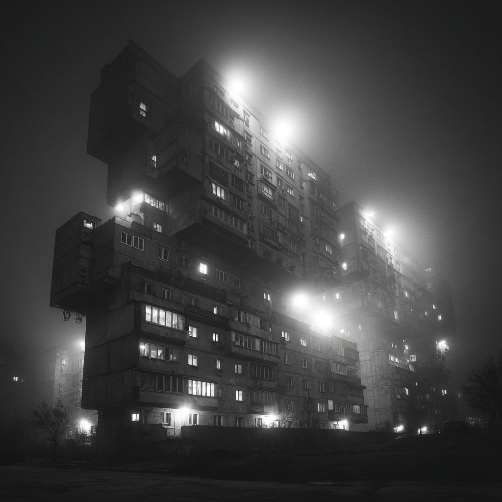 Fog-shrouded tower block at night, The Hospital