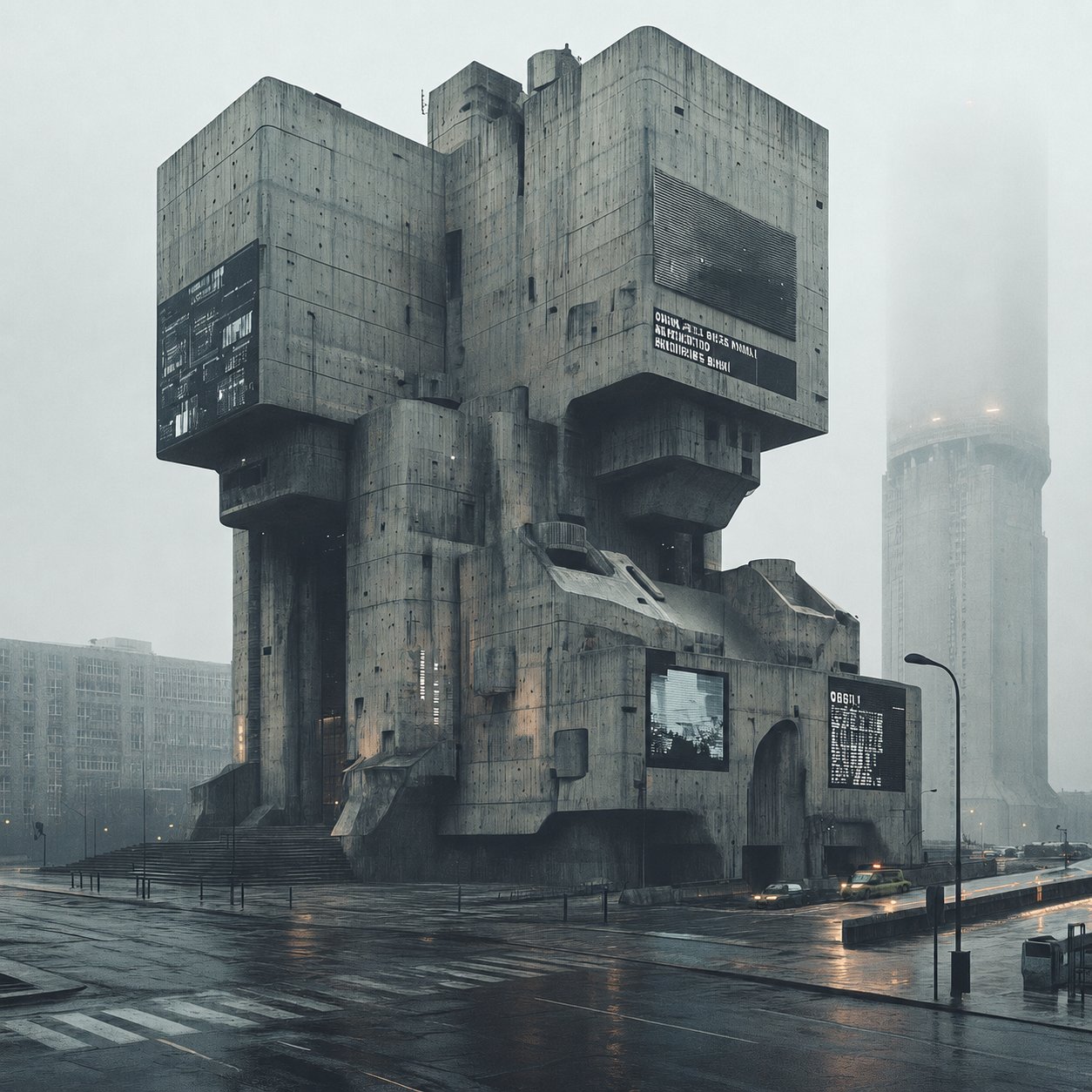 Monumental concrete ministry facade, Ministry of Memory