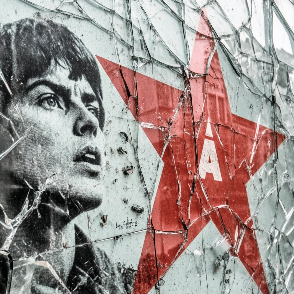 Cracked glass over a red star propaganda mural, Red Star