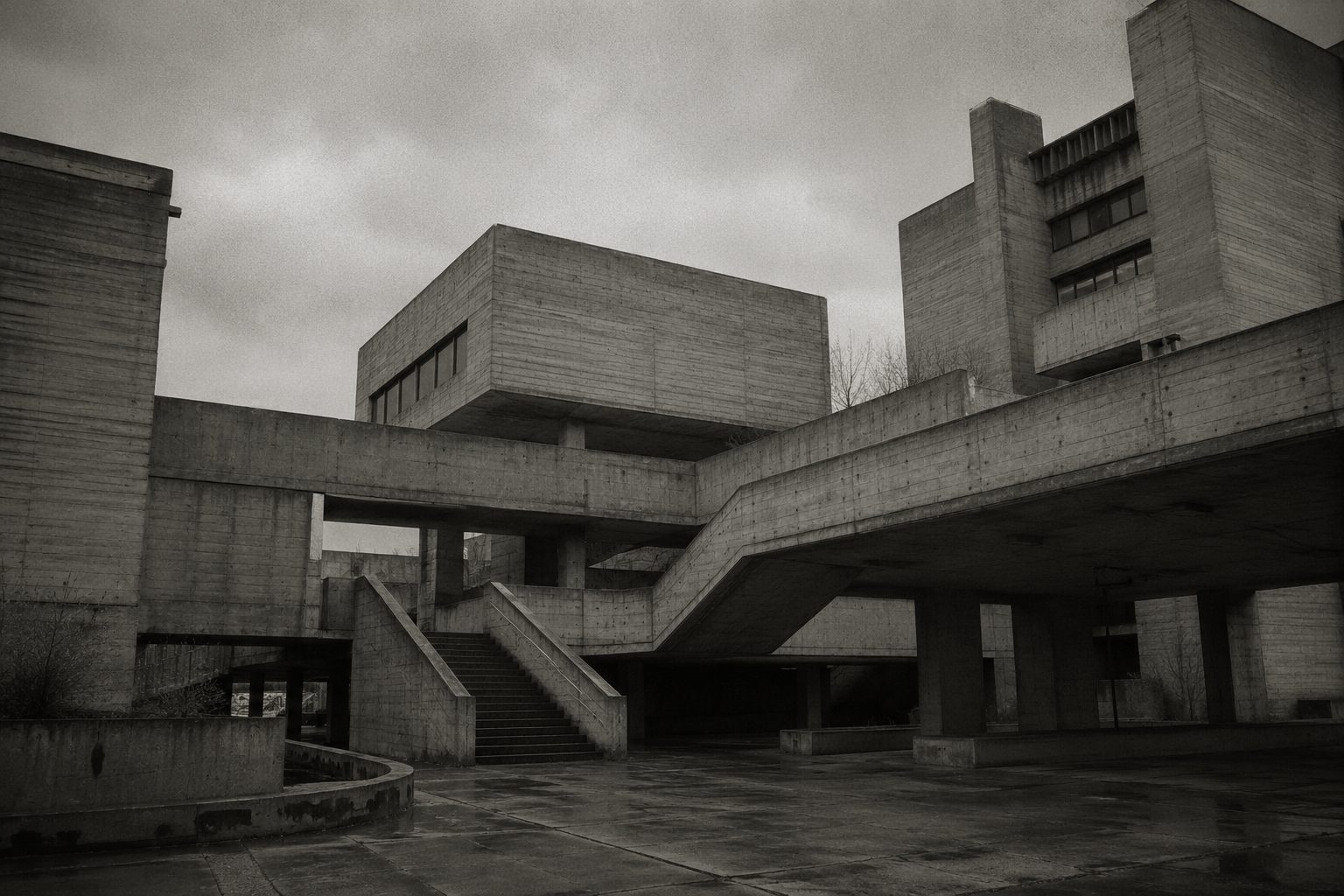 Brutalist concrete complex, elevated walkway and staircase, overcast sky