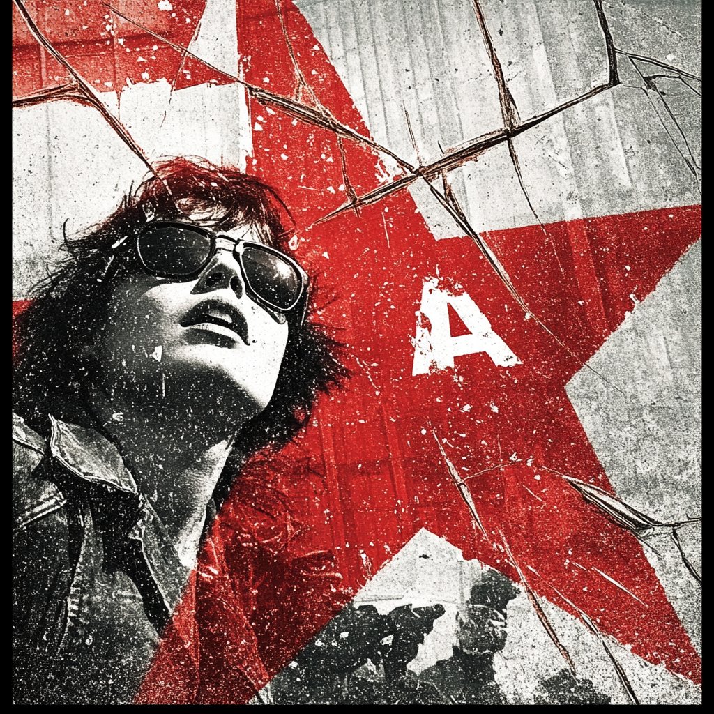 Surveillance photograph, subject obscured by cracked overlay and red star marking