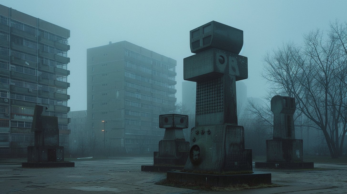 Rows of weathered concrete monument totems